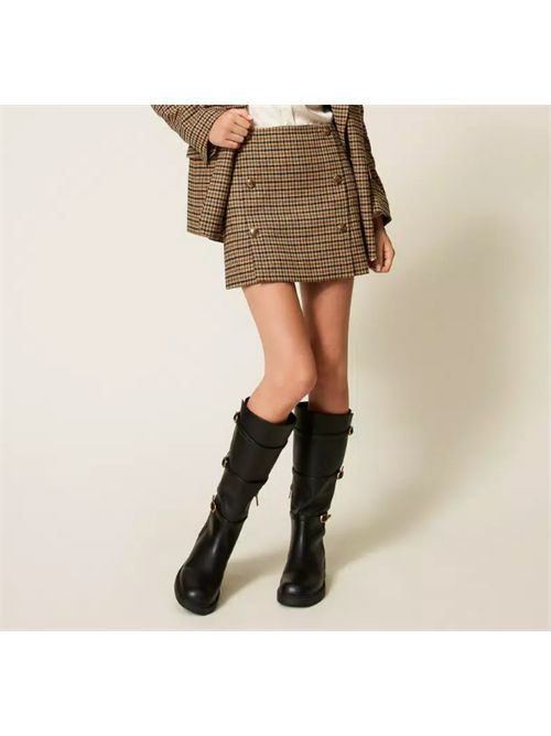 CHECKED WOOL BLEND MINI SKIRT TWIN SET | 252TT242212884 CAMMELLO/NERO